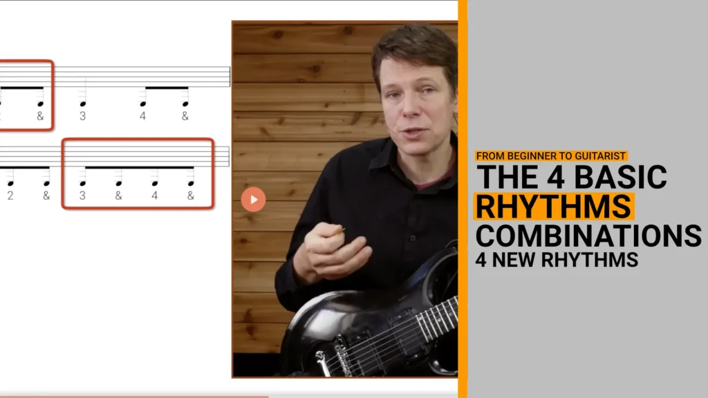 Thumbnail for guitar tutorial video on creating 4 new rhythm combinations using the 4 basic rhythms in music