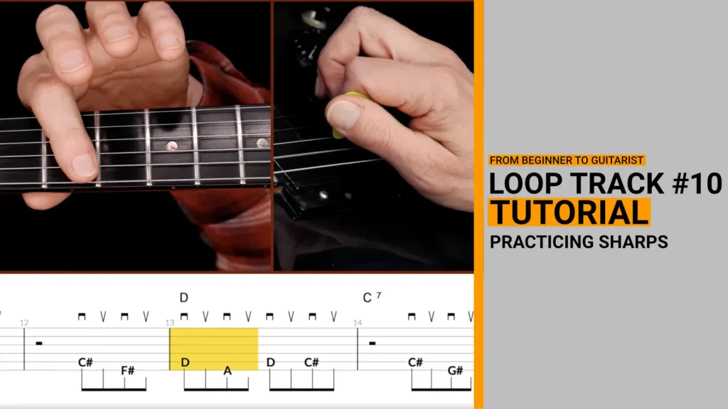 Thumbnail for video guitar lesson on how to play loop track 10 which is for practicing sharps on the guitar