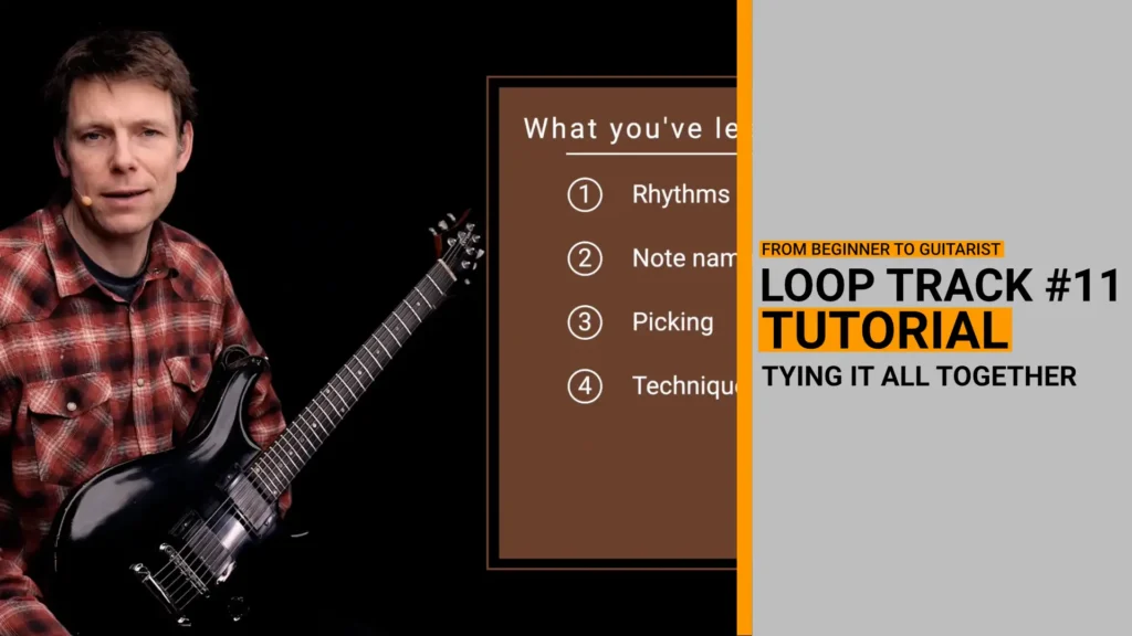 Thumbnail for video guitar lesson on how to play loop track 11 which brings all elements of the riff course into one track