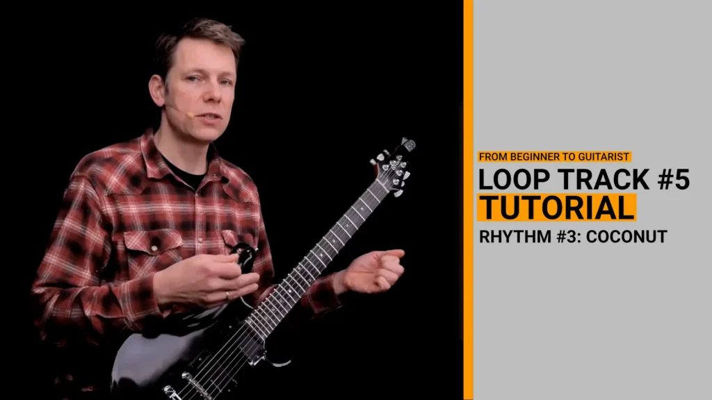 Thumbnail for video guitar lesson on how to play loop track 3 which covers the third of the 4 basic rhythms (coconut rhythm)