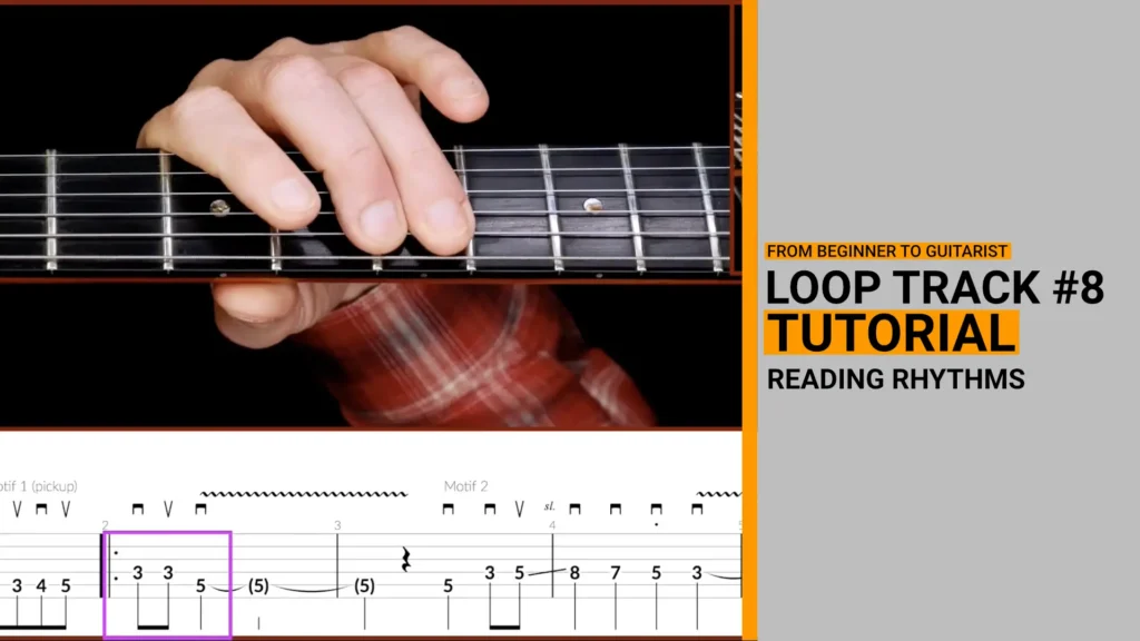 Thumbnail for video guitar lesson on how to play loop track 8 which is for practicing reading rhythms