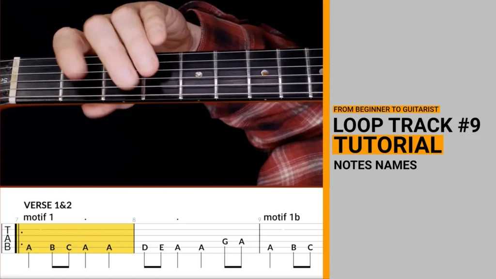 Thumbnail for video guitar lesson on how to play loop track 9 which is for practicing the note names on the guitar