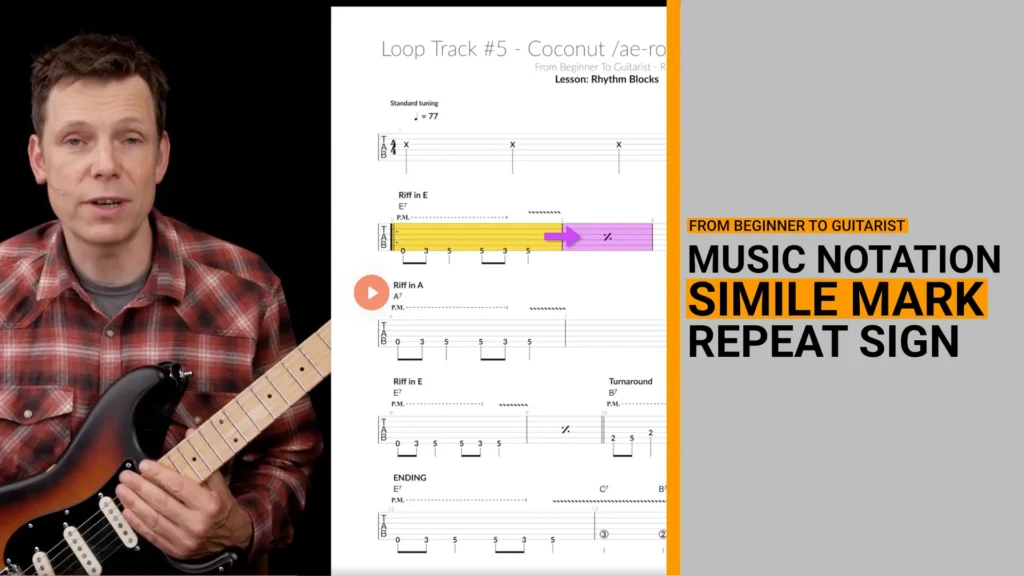 thumbnail for a video music theory and notation lesson on how simile mark repeat signs work
