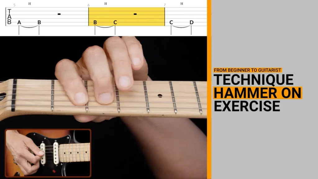 Thumbnail for video guitar lesson explaining an exercise for practicing the legato technique called the hammer on