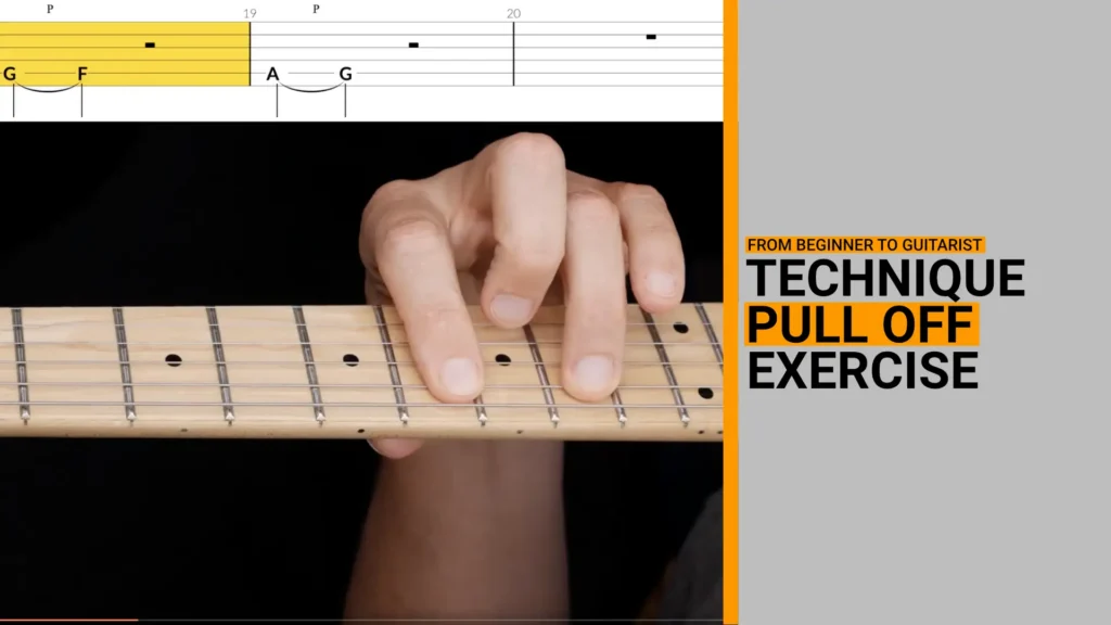 Thumbnail for video guitar lesson explaining an exercise for practicing the legato technique called the pull off