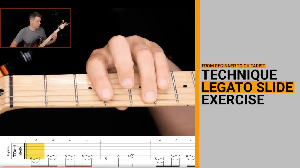 Thumbnail for a video guitar lesson on legato technique slide exercise