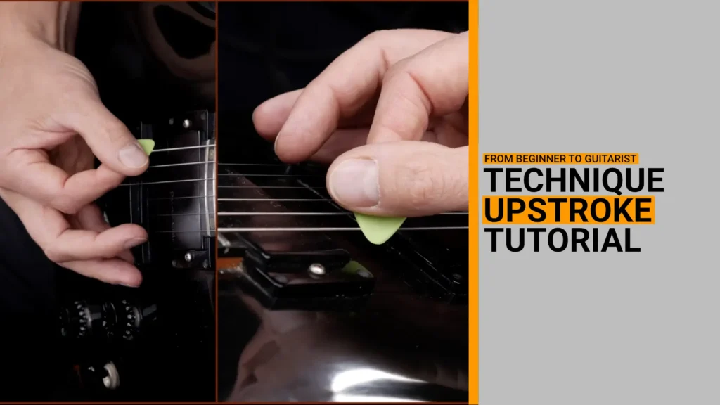 Thumbnail for video guitar lesson on how to perform the picking technique called the upstroke