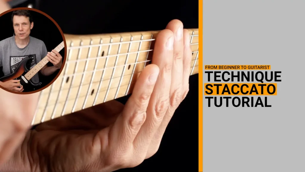Thumbnail for video guitar lesson on how to perform the articulation technique called staccato and fretting hand muting
