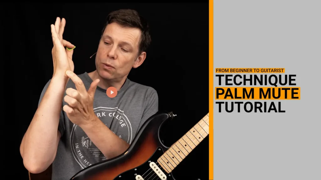 Thumbnail for video guitar lesson on how to perform the articulation technique the palm mute