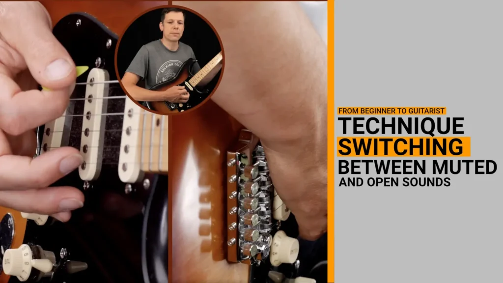 Thumbnail for video guitar lesson on how to switch between palm muted and open sounds on the guitar